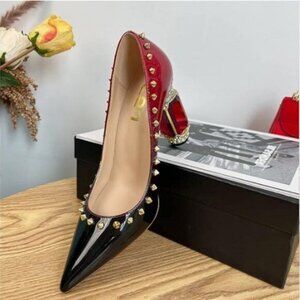 FSJ Red Gradient Bridal Pointed Toe Block High Heel Crystal Pumps Wedding Shoes
